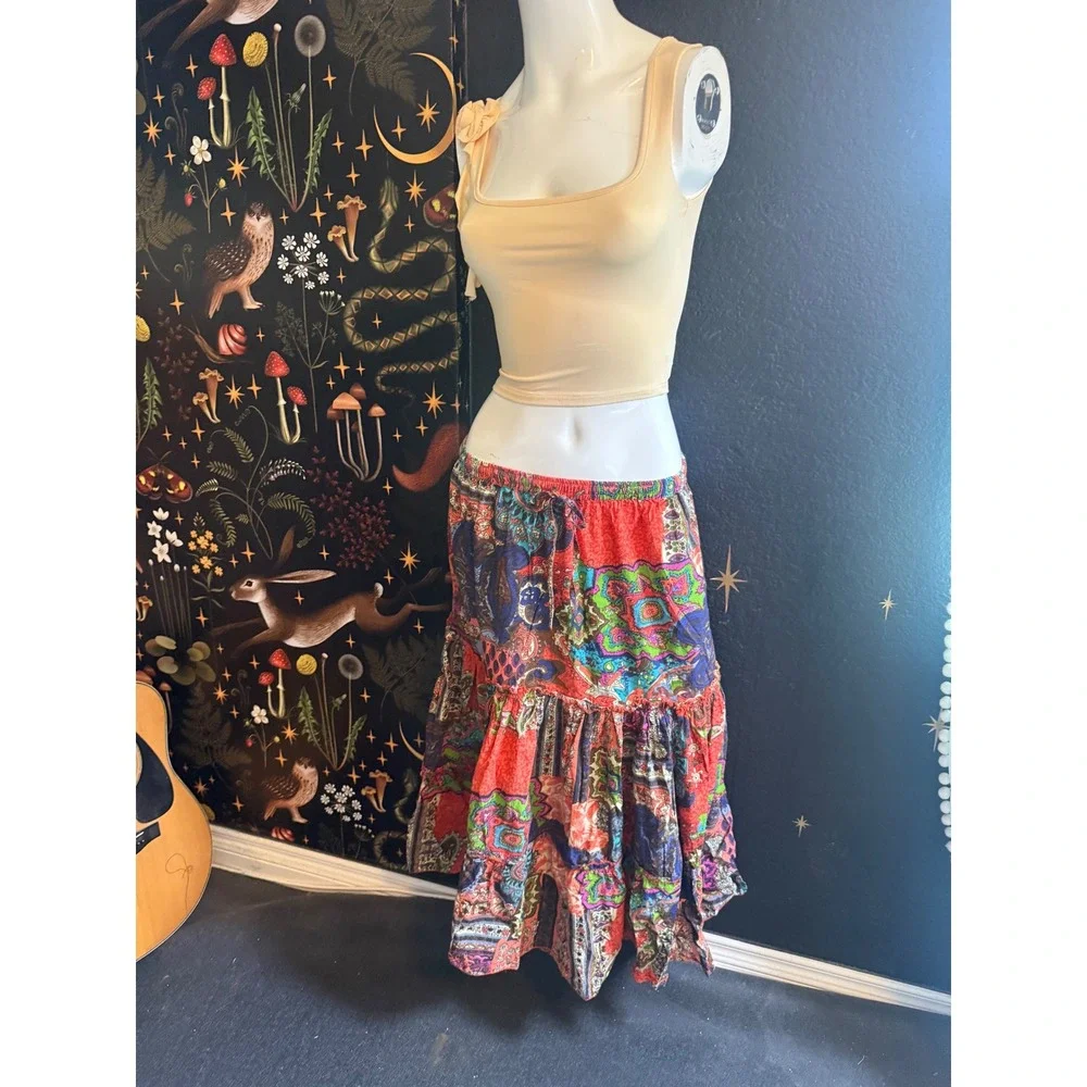 Bobbie Brooks Paisley Patchwork Tiered Midi Skirt Red Multi Cotton Small 6